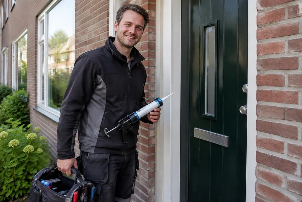 Vakman van Kitbedrijf Uddel bij de voordeur van een woning